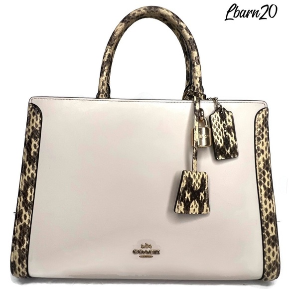 Coach Zoe Chalk Exotic Snakeskin Trim Top Handle Satchel Bag F68293 Zoe - Picture 2 of 15